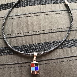 Leather Chain w/Sterling Silver Pendant with Grid of Colors